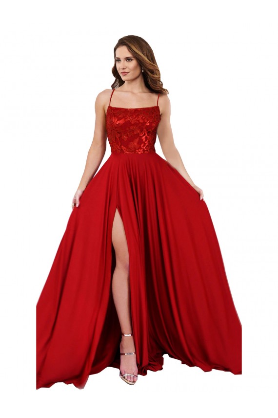 Spandex & Lace Square Neck Open Back A-Line Red Prom Dress Canada Factory