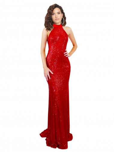 Sequin High Neck Open Back Mermaid Red Prom Dress Canada Factory