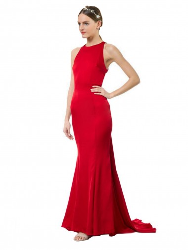 Stretch Crepe High Neck Open Back Mermaid Red Formal Evening Gown Canada Factory