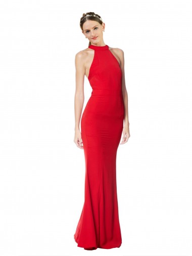 Stretch Crepe High Neck Sleeveless Mermaid Red Long Prom Dresses Canada Factory