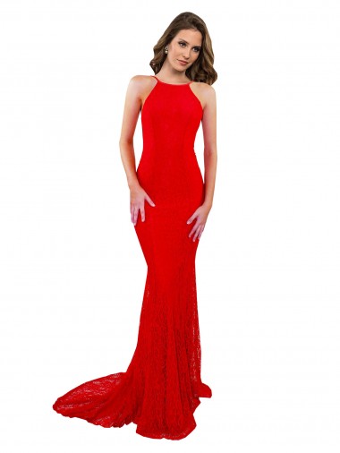 Lace High Neck Open Back Mermaid Red Prom Dress Canada Factory