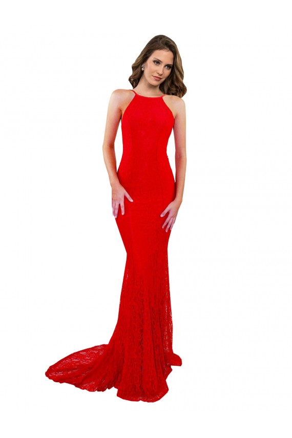 Lace High Neck Open Back Mermaid Red Prom Dress Canada Factory