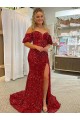 Velvet Sequin Off the Shoulder Sheath Red Prom Dress Canada Factory