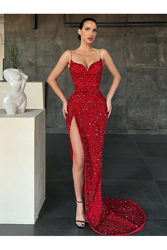 Velvet Sequin V-Neck Sheath Red Prom Dress Canada Factory