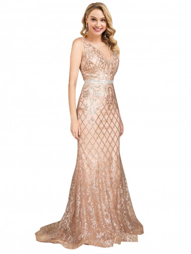 Sequin & Sparkling Sequin V-Neck V-Back Mermaid Rose Gold Plus Size Formal Prom Dress Canada Factory