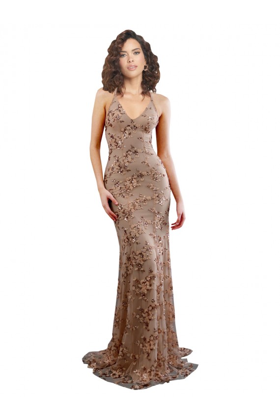 Stretch Crepe & Sequin Tulle High Neck Open Back Mermaid Rose Gold Prom Dress Canada Factory