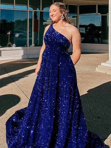 Velvet Sequin One Shoulder A-Line Royal Blue Prom Dress Canada Factory