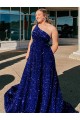 Velvet Sequin One Shoulder A-Line Royal Blue Prom Dress Canada Factory