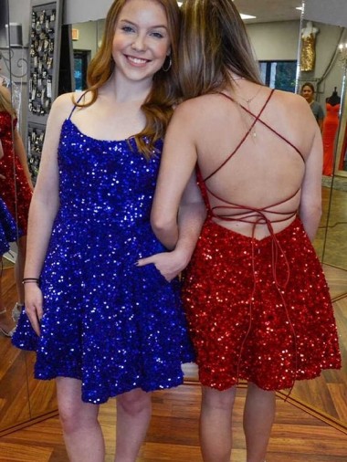 Velvet Sequin Spaghetti Straps A-Line Royal Blue Prom Dress Canada Factory