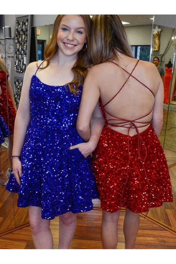 Velvet Sequin Spaghetti Straps A-Line Royal Blue Prom Dress Canada Factory