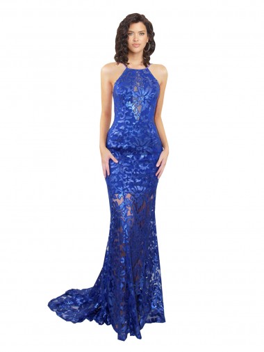 Lace High Neck Open Back Mermaid Royal Blue Prom Dress Canada Factory