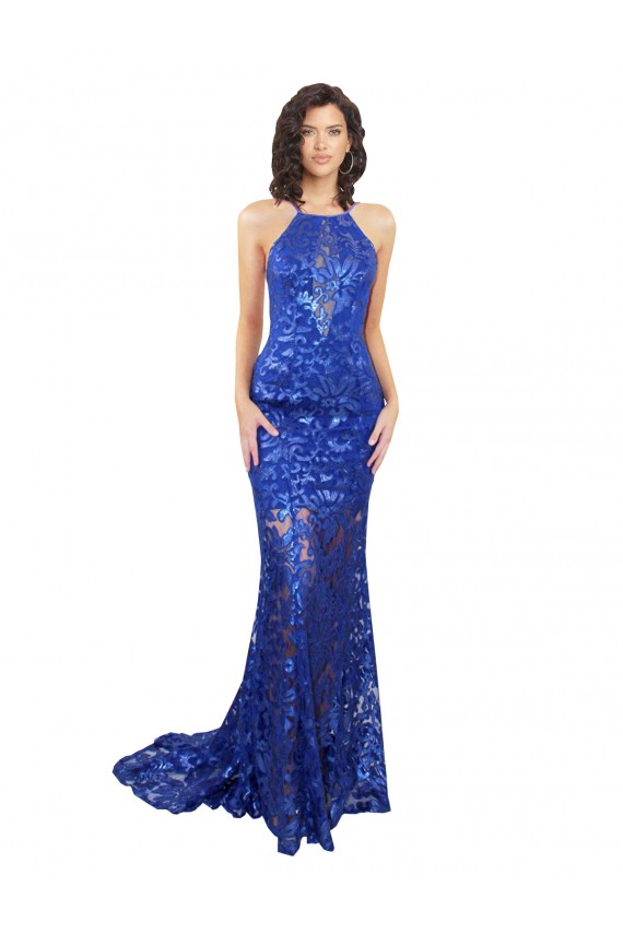 Lace High Neck Open Back Mermaid Royal Blue Prom Dress Canada Factory
