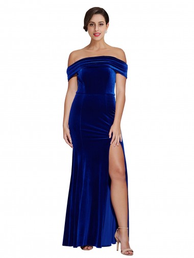 Stretch Velvet Off the Shoulder Mermaid Royal Blue Prom Dress Canada Factory