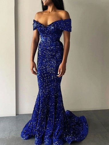 Velvet Sequin Off the Shoulder Mermaid Royal Blue Prom Dress Canada Factory