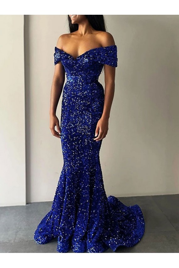 Velvet Sequin Off the Shoulder Mermaid Royal Blue Prom Dress Canada Factory
