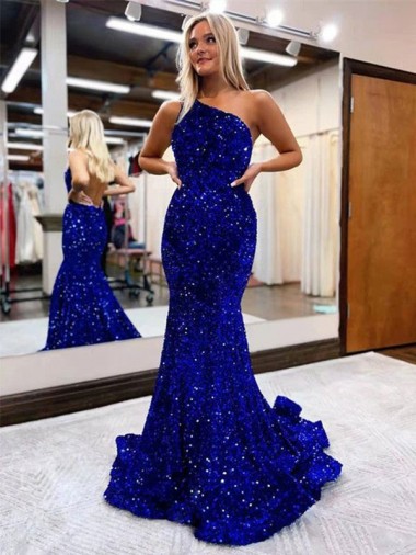 Velvet Sequin One Shoulder Mermaid Royal Blue Prom Dress Canada Factory