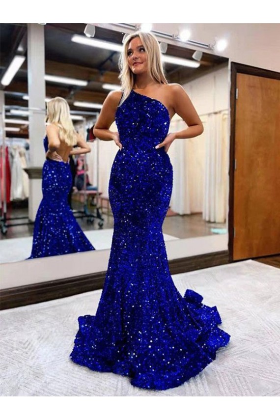 Velvet Sequin One Shoulder Mermaid Royal Blue Prom Dress Canada Factory