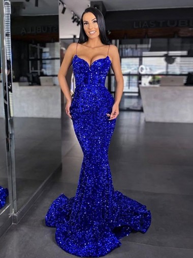 Velvet Sequin Spaghetti Straps Mermaid Royal Blue Prom Dress Canada Factory