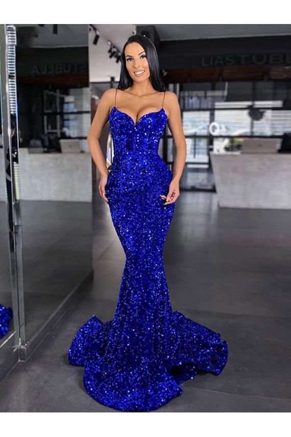 Velvet Sequin Spaghetti Straps Mermaid Royal Blue Prom Dress Canada Factory