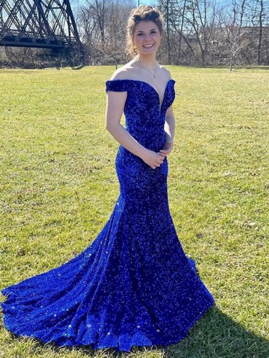 Velvet Sequin Off the Shoulder Sheath Royal Blue Prom Dress Canada Factory