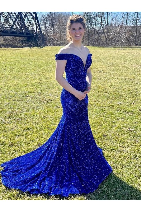 Velvet Sequin Off the Shoulder Sheath Royal Blue Prom Dress Canada Factory