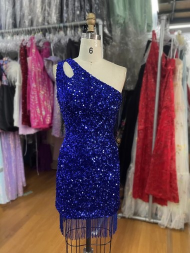 Velvet Sequins One Shoulder Sheath Royal Blue Homecoming Dress Canada Factory