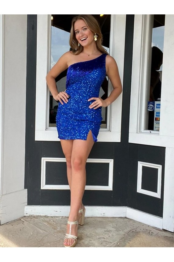 Velvet Sequin One Shoulder Sheath Royal Blue Homecoming Dresses Canada Factory
