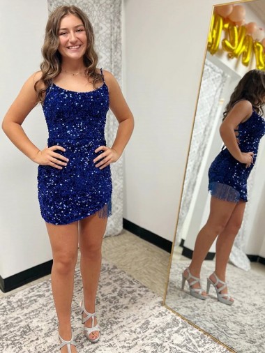 Velvet Sequin Spaghetti Straps Sheath Royal Blue Short Prom Dress Canada Factory