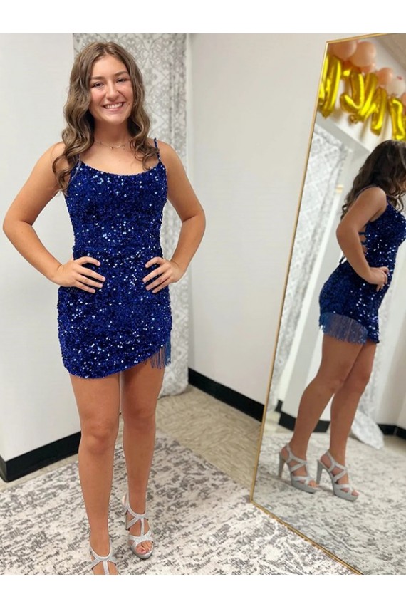 Velvet Sequin Spaghetti Straps Sheath Royal Blue Short Prom Dress Canada Factory