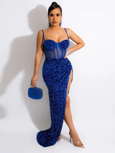 Velvet Sequin Spaghetti Straps Sheath Royal Blue Sweep Train Prom Dress Canada Factory