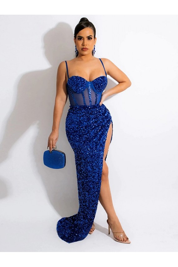 Velvet Sequin Spaghetti Straps Sheath Royal Blue Sweep Train Prom Dress Canada Factory