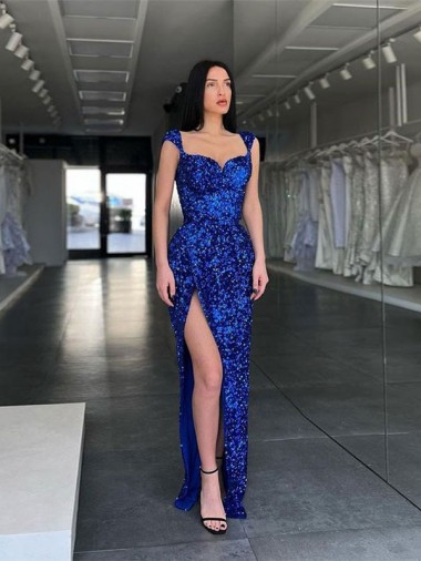 Velvet Sequin Spaghetti Straps Sheath Royal Blue Prom Dress Canada Factory