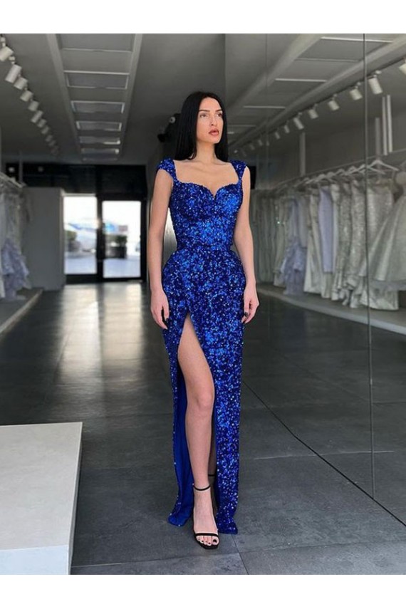 Velvet Sequin Spaghetti Straps Sheath Royal Blue Prom Dress Canada Factory