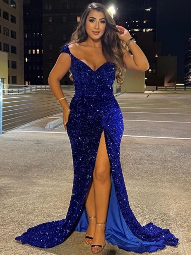 Velvet Sequin V-Neck Sheath Royal Blue Dress Canada Factory