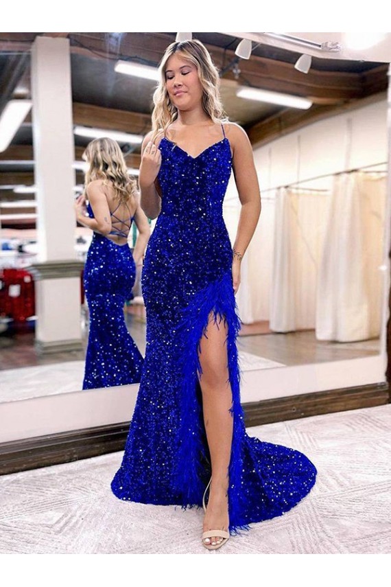 Velvet Sequin V-Neck Sheath Royal Blue Sweep Train Prom Dress Canada Factory