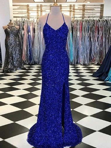 Velvet Sequin V-Neck Sheath Royal Blue Prom Dress Canada Factory