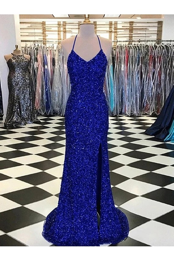 Velvet Sequin V-Neck Sheath Royal Blue Prom Dress Canada Factory