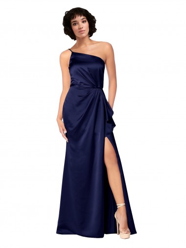 Silky Satin One Shoulder A-Line Sapphire Black Tie Prom Dress Canada Factory
