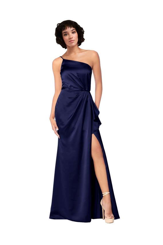 Silky Satin One Shoulder A-Line Sapphire Black Tie Prom Dress Canada Factory