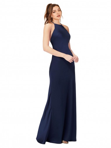 Silky Satin High Neck Open Back Sheath Sapphire Prom Dress Canada Factory