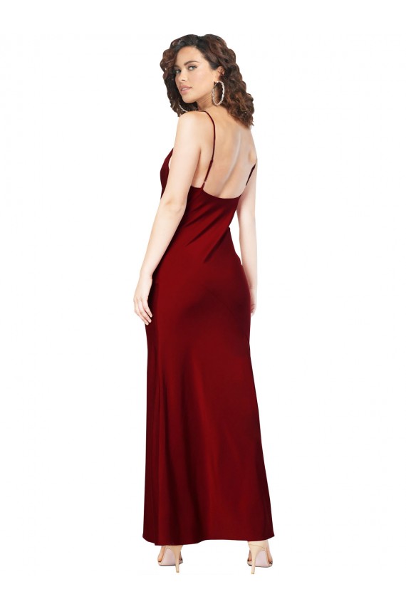 Silky Satin Cowl Neck Low Back Sheath Burgundy Black Tie Prom Dress Canada Factory