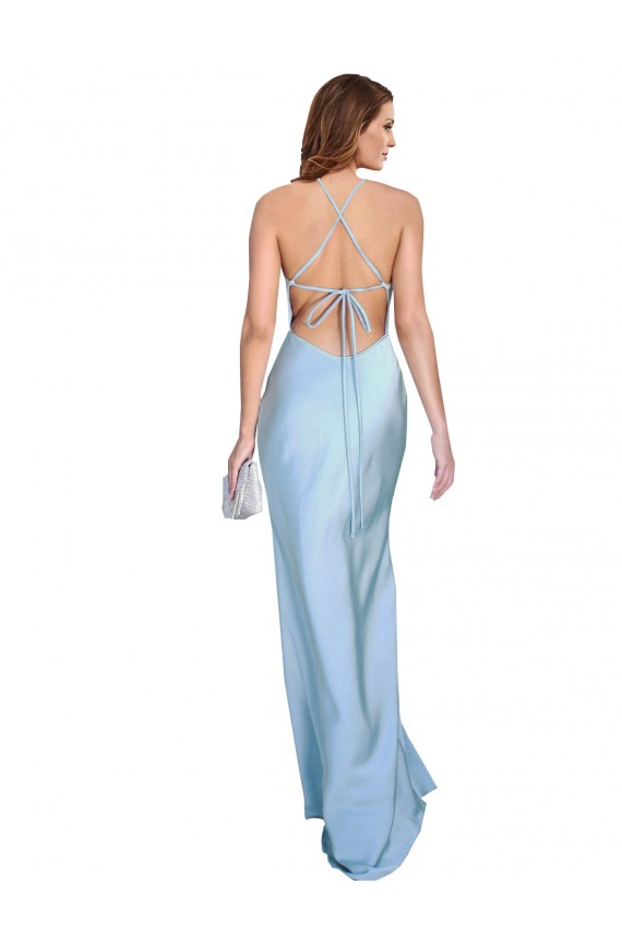 Silky Satin Cowl Neck Open Back Sheath Light Sky Blue Prom Dress Canada Factory