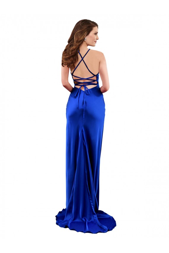 Silky Satin Cowl Neck Open Back Sheath Royal Blue Prom Dress Canada Factory