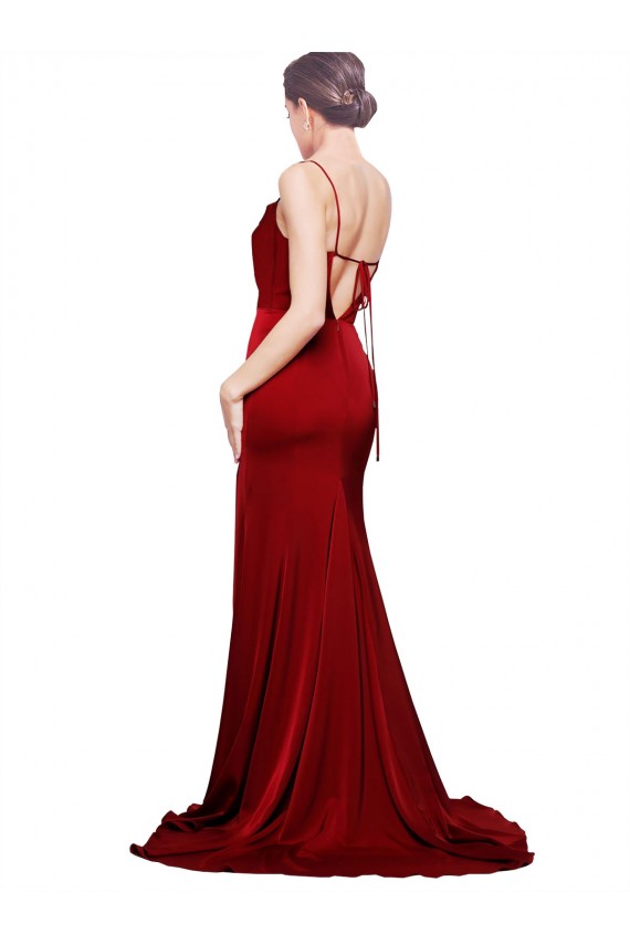 Stretch Satin Cowl Neck Open Back Sheath Burgundy Black Tie Prom Dress Canada Factory