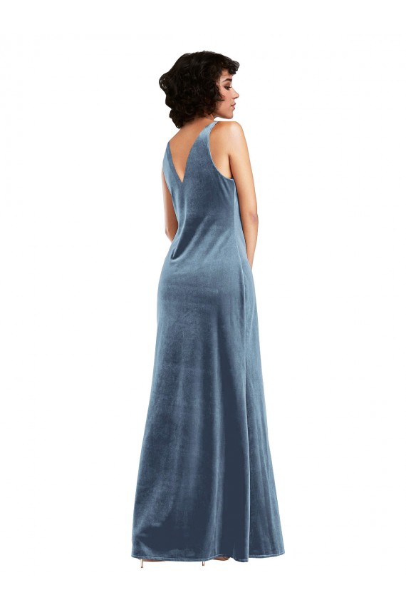 Stretch Velvet Cowl Neck V-Back Sheath Dusty Blue Prom Dress Canada Factory