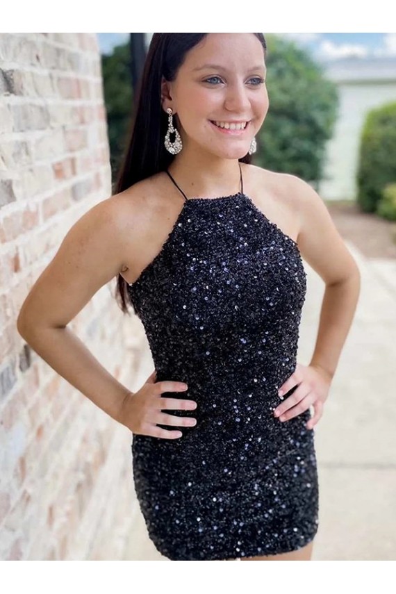 Velvet Sequin Halter Neck Sheath Black Prom Dress Canada Factory
