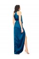 Silky Satin High Neck Sheath Peacock Blue Prom Dress Canada Factory