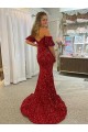Velvet Sequin Off the Shoulder Sheath Red Prom Dress Canada Factory