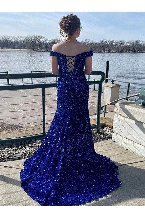 Velvet Sequin Off the Shoulder Sheath Royal Blue Prom Dress Canada Factory