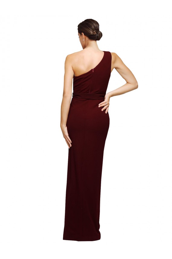 Stretch Crepe One Shoulder Sheath Burgundy Gold Black Tie Prom Dress Canada Factory
